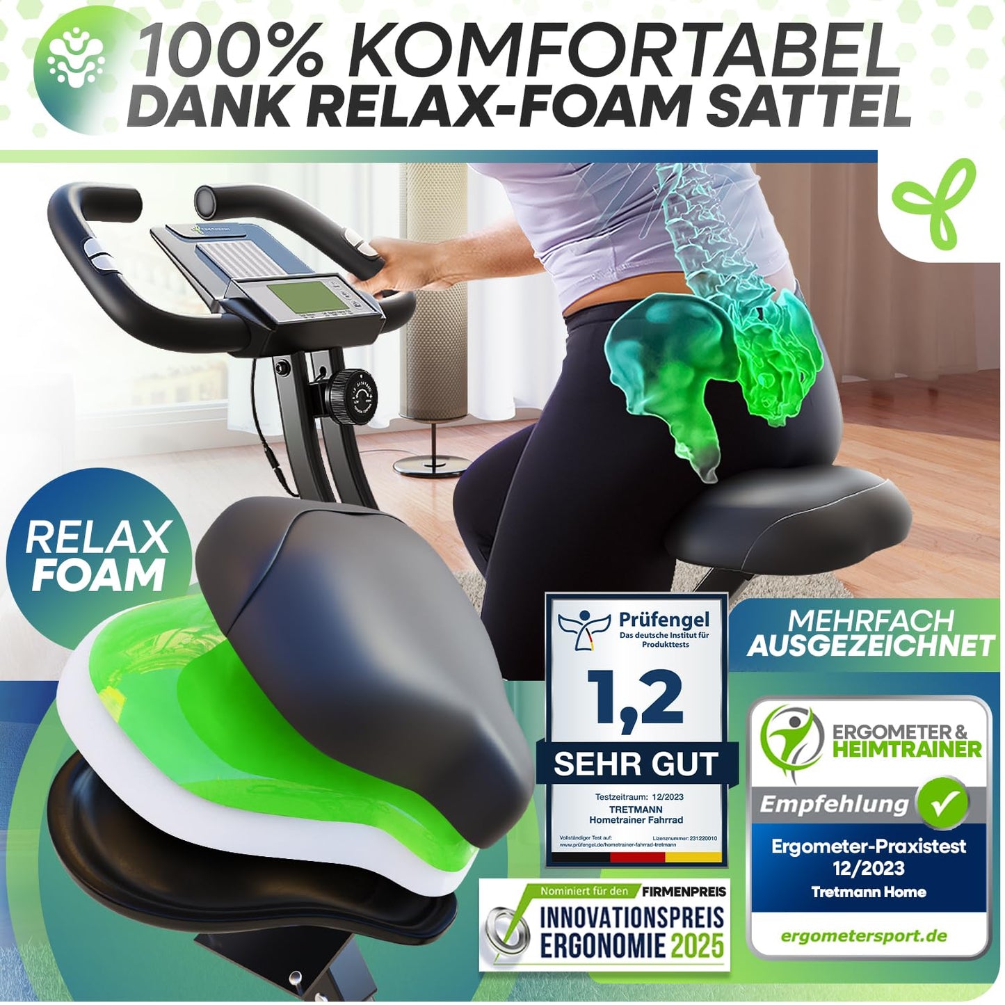 TRETMANN Klappbarer Heimtrainer Ergometer – Leise bis 150 kg