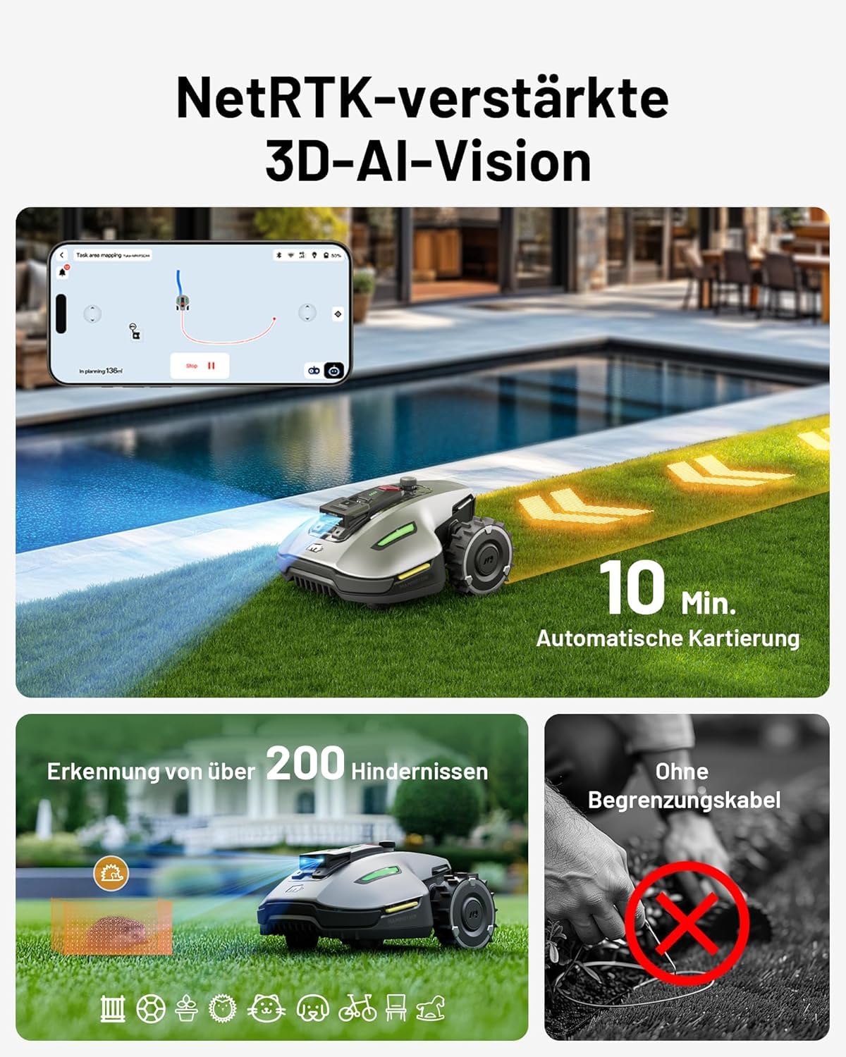 MAMMOTION YUKA Mini 700 Mähroboter ohne Begrenzungskabel,Empf. 700 m², NetRTK+Vision Rasenmäher Roboter, KI Smarte Hindernisvermeidung