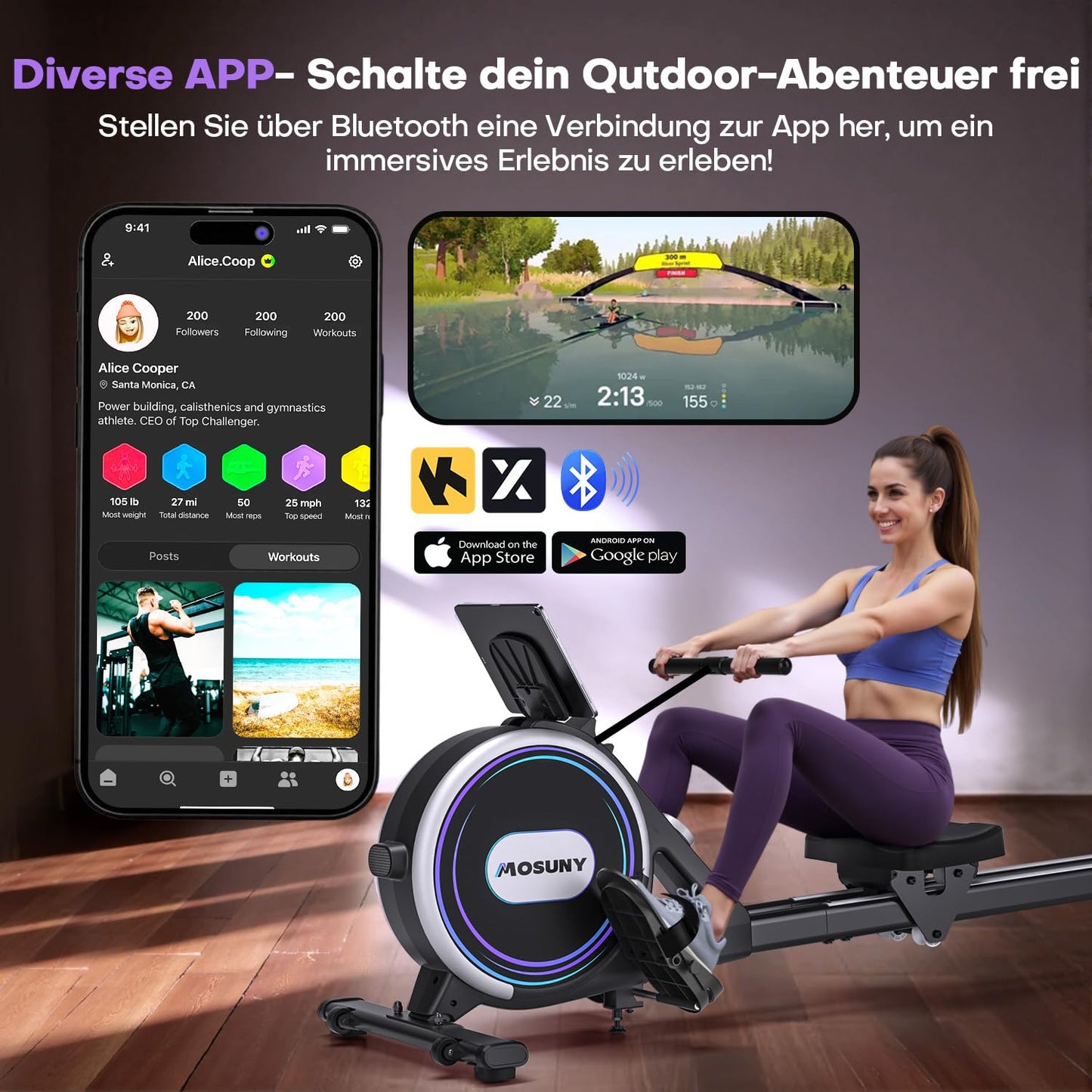 MOSUNY Rudergerät Magnetisch – 32 Stufen, Leise, App-fähig