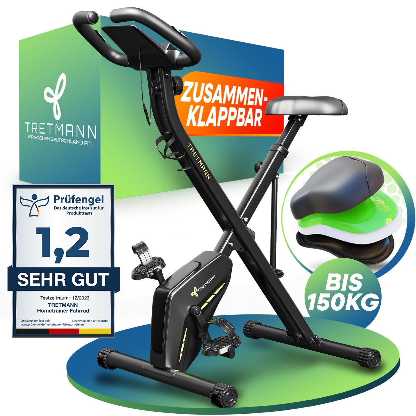 TRETMANN Klappbarer Heimtrainer Ergometer – Leise bis 150 kg