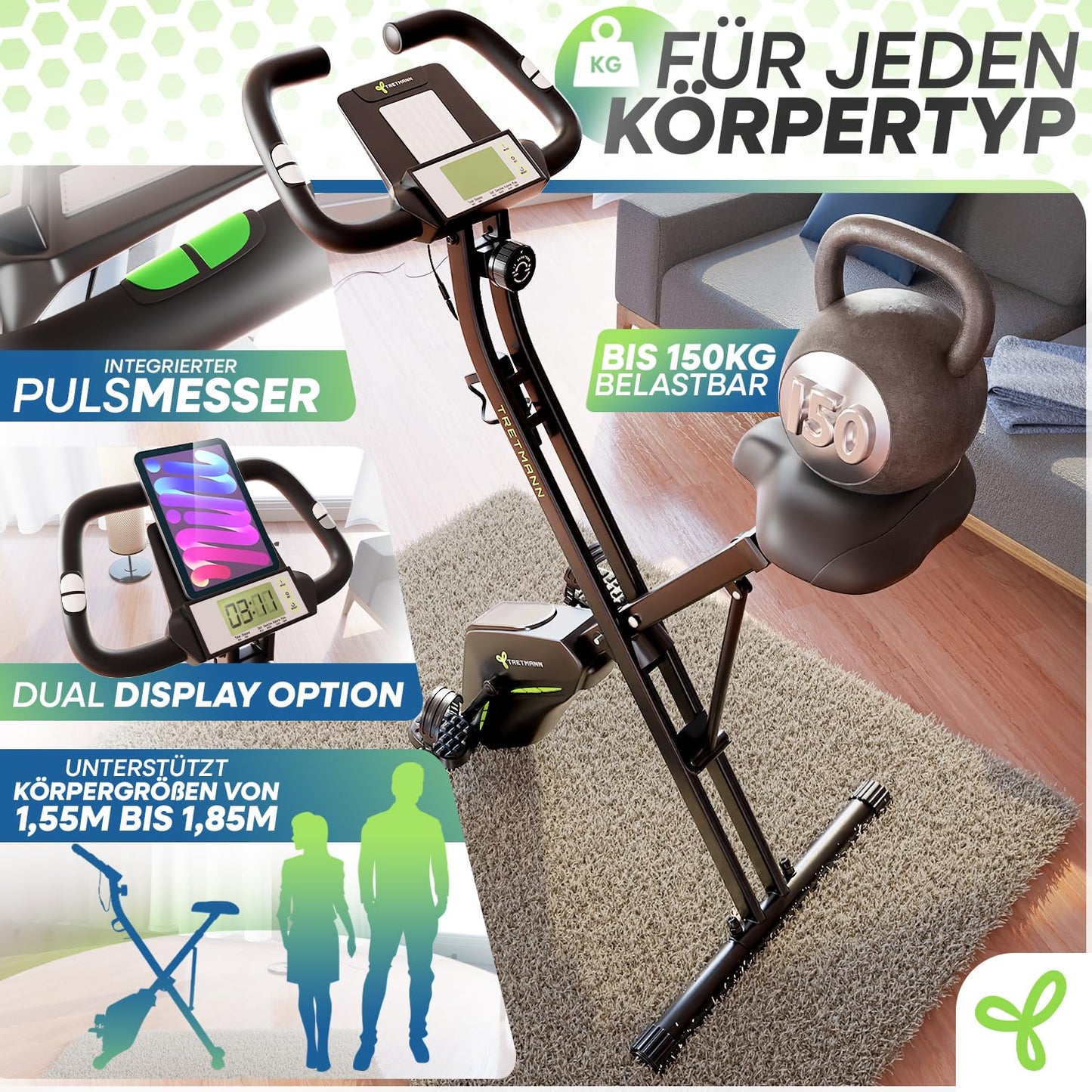 TRETMANN Klappbarer Heimtrainer Ergometer – Leise bis 150 kg